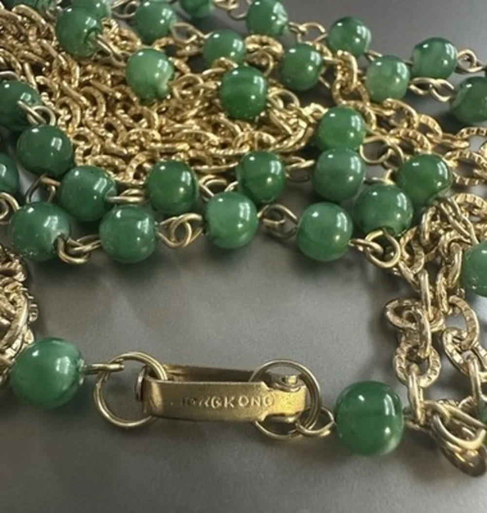 HongKong Gold Tone Chain Necklace Green Beads Multilayered Oversized Jewelry 32